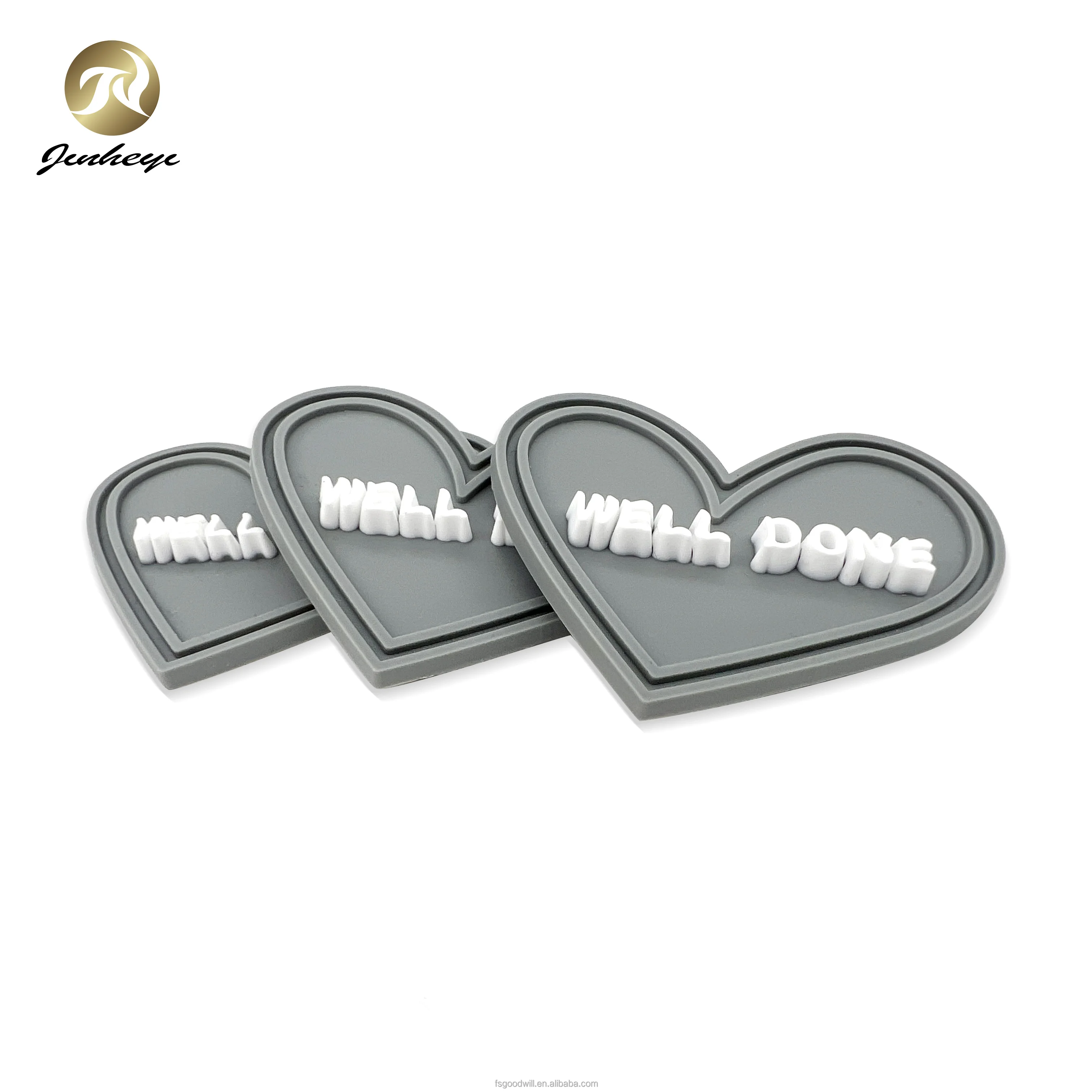Custom Heart Shape Gary With White Embossed Logo Rubber Patches Logo Sew On Logo For Clothes