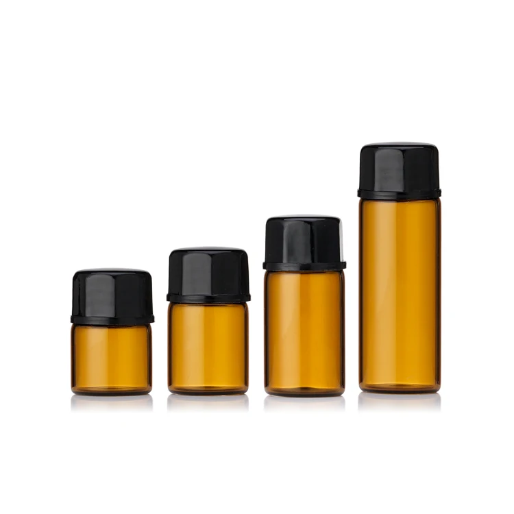 Hot Sale 1ml Mini Amber Glass Sample Bottles with Black Caps for Essential Oil, Chemistry Lab Chemical