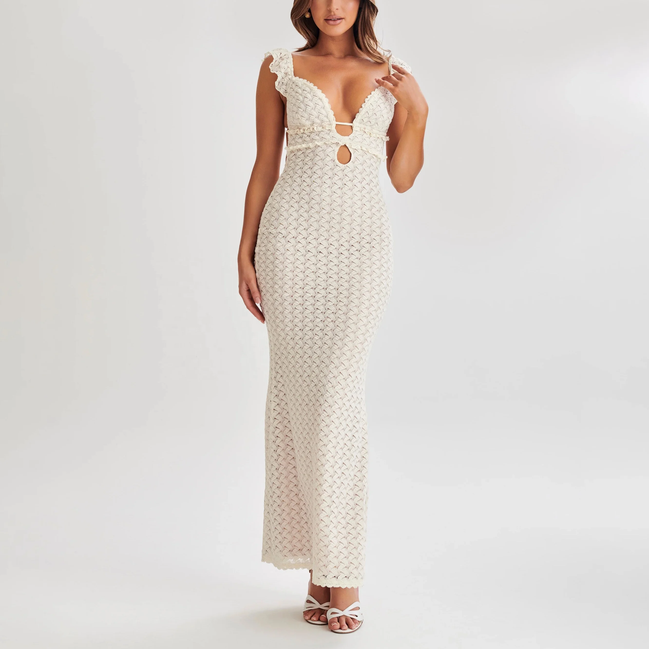 OEM Women Clothes Manufacturer V Neck Sleeveless Backless Lady Dresses Boutique Breathable Summer Women Lace Dress