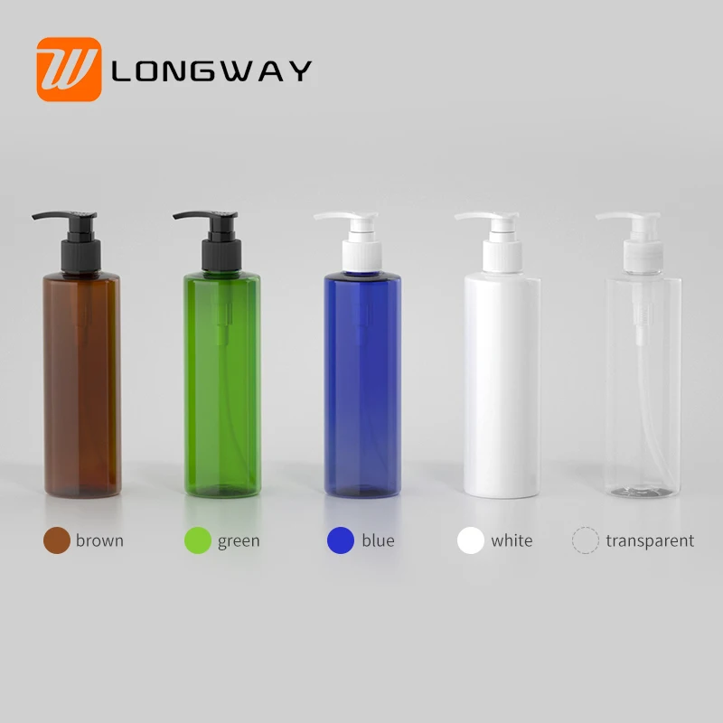 Longway colorful  plastic lotion pump bottle with white dispenser 250ml for hair shampoo cosmetic packaging
