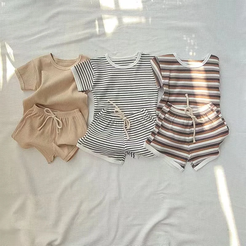 Hot sale Infants And Toddlers Summer Outfits Stripe Short Sleeve Ribbed Knitted Tshirt Two Piece Boy Clothes Set