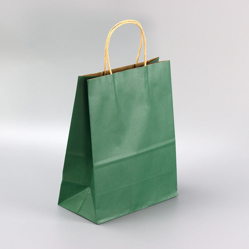 Recyclable Eco-Friendly Reinforced Handle Craft Paper Bag Custom Printed Logo Solid Durable Bottom Green Brown Kraft Paper Bag