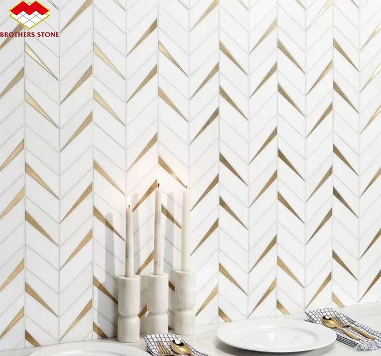 Modern High quality brass inlay arabescato white marble waterjet mosaic tile for sale