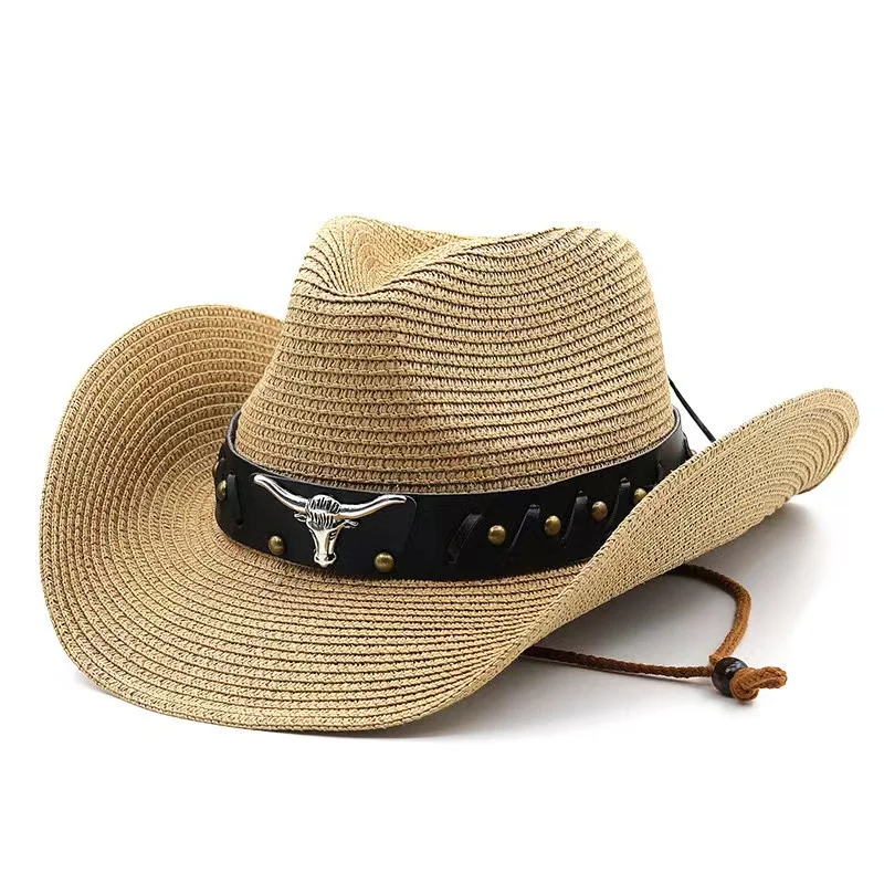 Promotional Custom Logo Straw Cowboy Cowgirl Hat for Men Women Adjustable Sombrero Sun Hat with Chin Strap