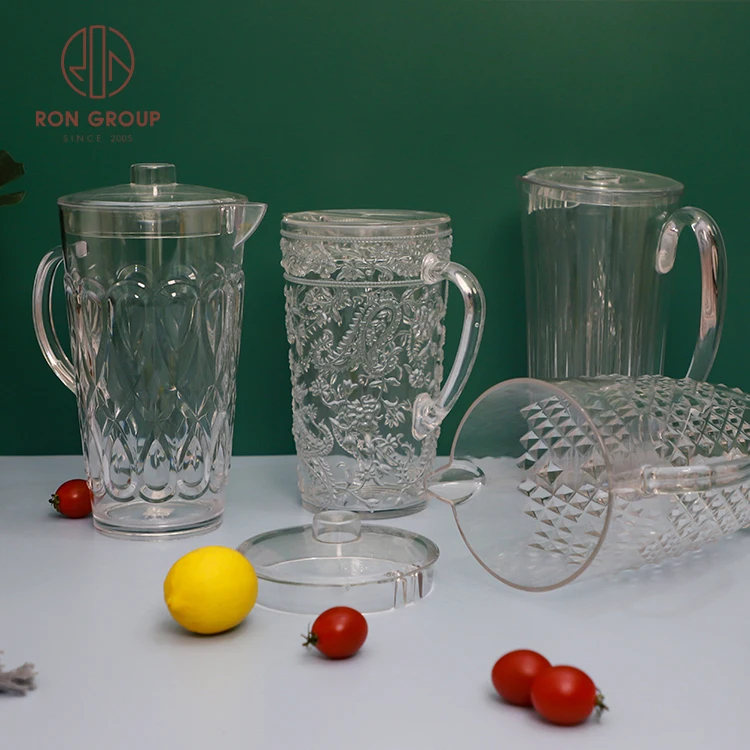 Transparent Embossed Shatter-proof Pitcher with Handle Spout Drinking Restaurant Wedding Party Plastic Jugs