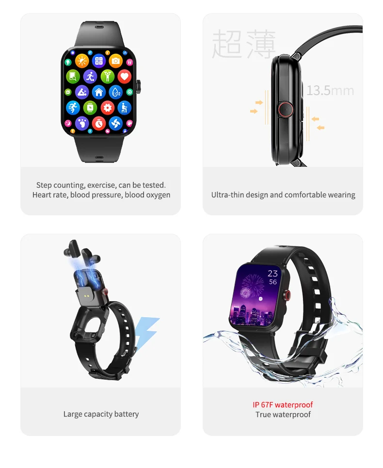 Multi functions hands free tws earphone spin button earbuds square smart watch 2 in 1 with headset earbuds earphone