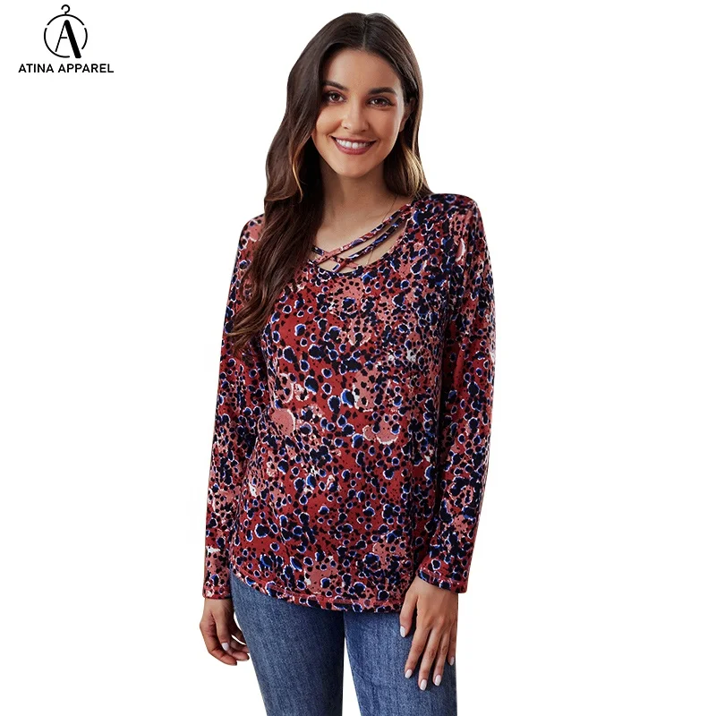 2021 Casual fashional woman elegant crisscross neck leopard print fleece top