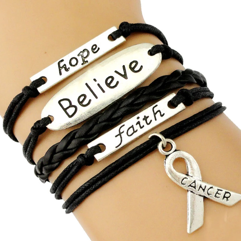 Be Brave Cure Disease Pray for Breast Cancer Sucks Awareness Fighter Survivor Love Faith Believe Hope Ribbon Leather Bracelets