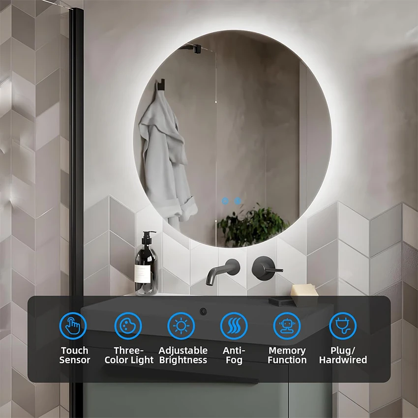 Modern round frameless LED smart touch switch unbreakable adhesive full length body large wall salon gym dressing decor mirror