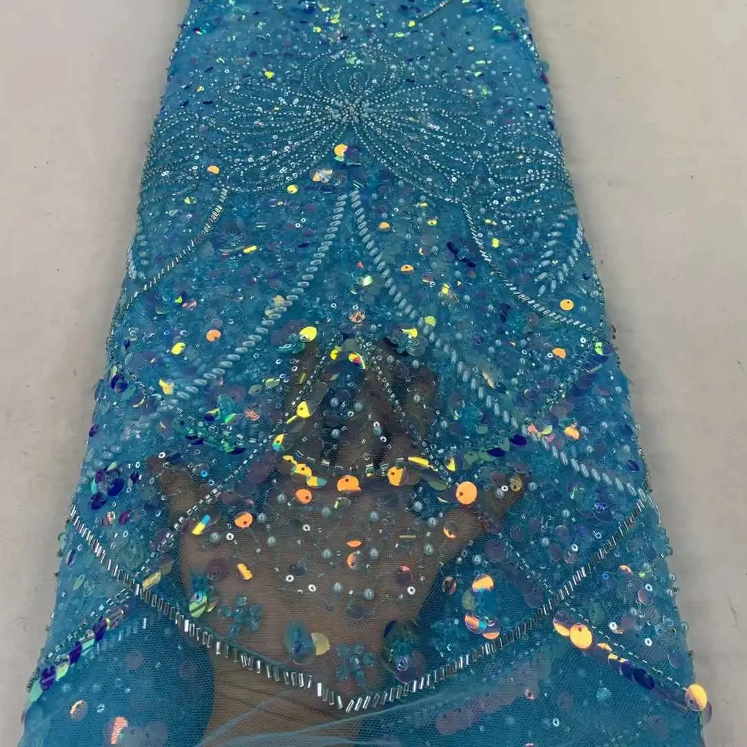 High quality sequin lace fabric with beads and pearl
