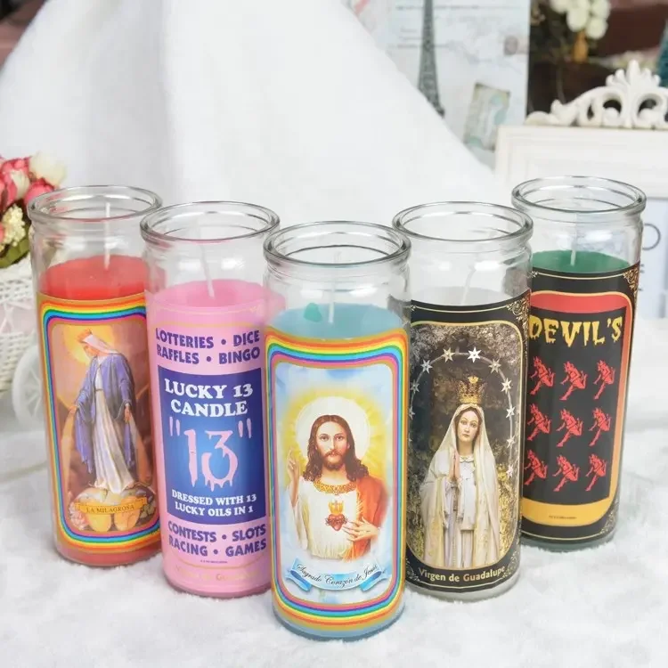 custom color Glass Religious Candle, Catholic Candles Supply 7 Chakra Candles