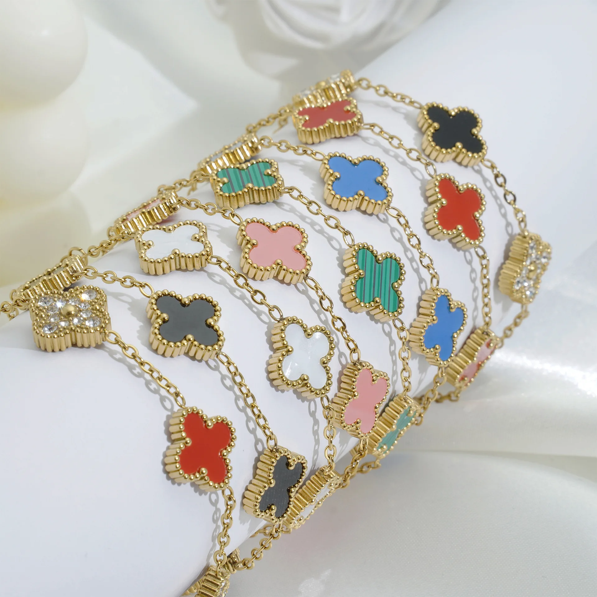 Non Tarnish 18K Gold Plated Stainless Steel 13mm Lucky Four Leaf Clover Earrings Bracelet Necklace Jewelry Set For Women