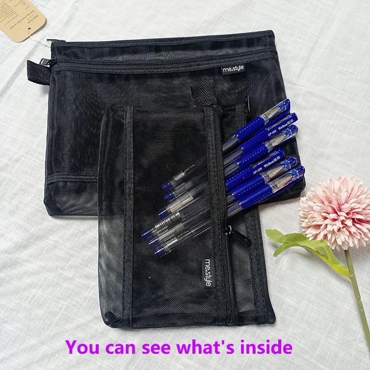 
Korean Pencil Bag Simple Transparent Mesh Bag Black & White Grey Student Test Bag Large capacity Writing holographic pencil pouc 