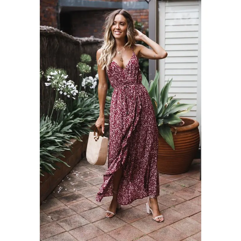 
Summer Holiday Sexy Lady Split Backless Beach Boho Style Dresses Floral Print Women Rayon Plus Size Maxi Long Boho Dress Summer 
