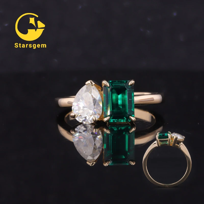Fancy starsgem lab grown gemstone jewelry 2 stones colorful pear and emerald cut 10k solid gold engagement ring