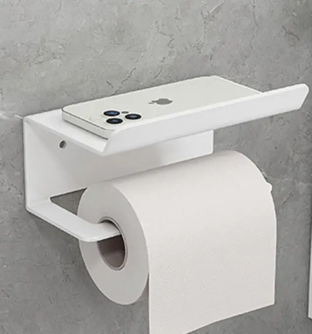 Toilet Paper Holder Bathroom Self-Adhesive No Drill Aluminum Tissue Rack With Bar and Shelf Roll Paper Phone Holder Rack
