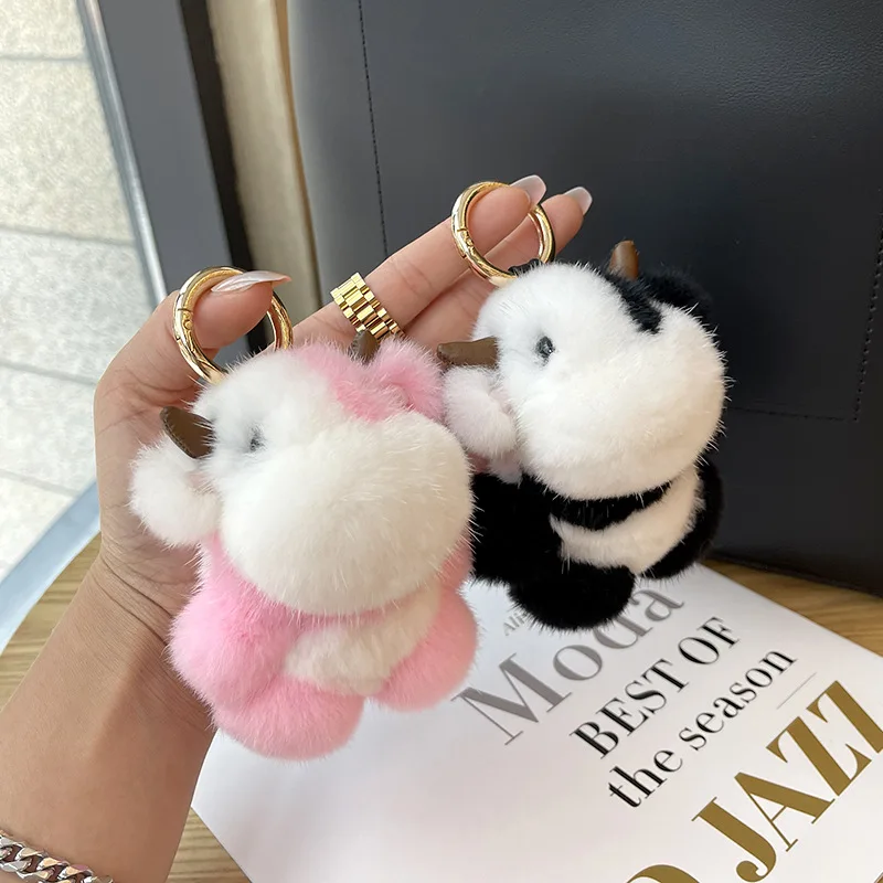 Promotion Cute Soft Rabbit Fur cow carton Pendant fuzzy playground Doll real mink fur Keychain kawaii toy animal Hanging charms
