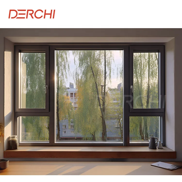 DERCHI NFRC Windproof Interior Villa Windows Double Glazing Fiberglass Folded Invisible Flysceen Aluminum Casement Window