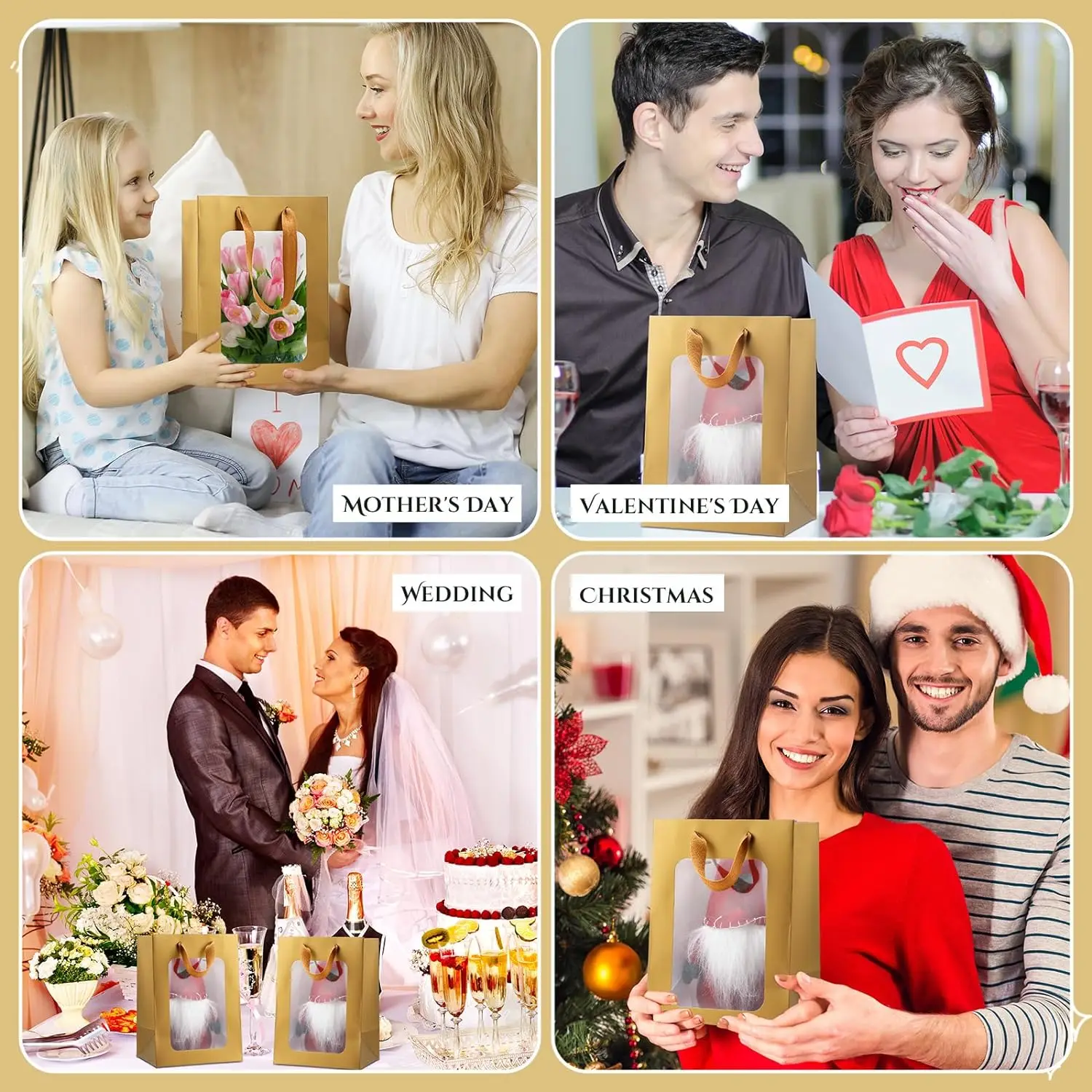 Custom Recyclable gift Shop flower Wedding festival birthday Logo golden handlybag clear window cardboard bags for jewelry