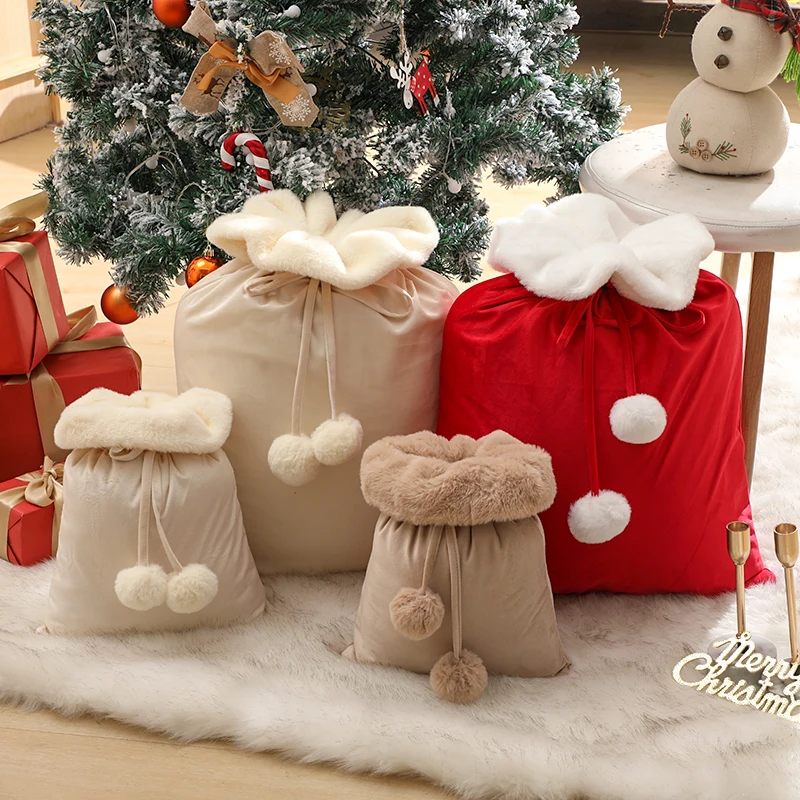 Wholesale Customization Christmas Luxury Santa Sack With Pom Pom Fur Sublimation Christmas Velvet Bags