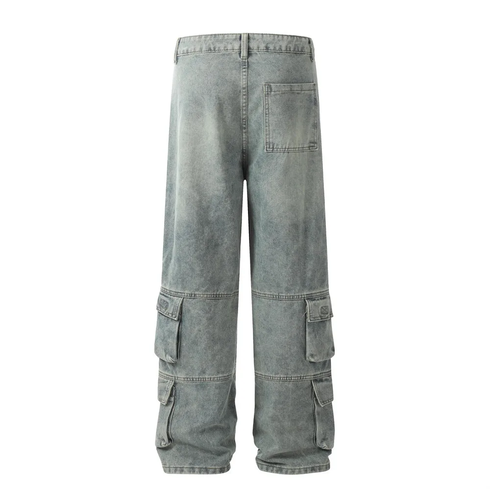 American Street Men Faded Washed Cargo Jeans Custom Denim Y2k Fashion Wide Leg Jeans Bottom Carpenter Pants Baggy Designer Jeans