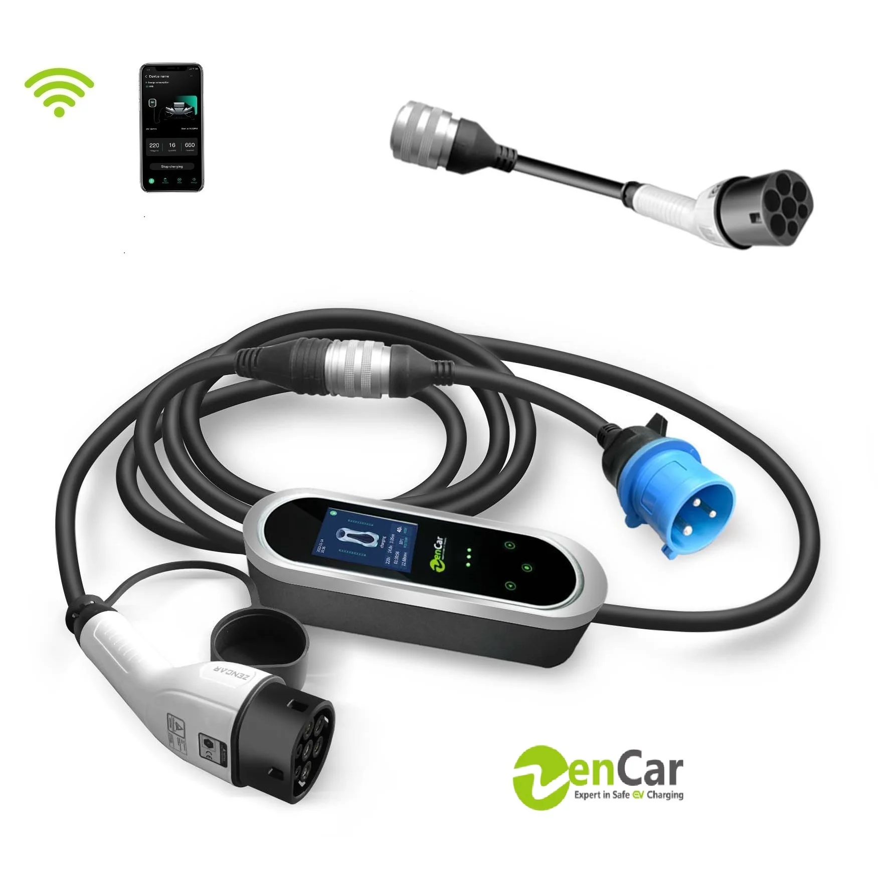 Zencar 32A Type 2 Level 2 Ev Chargers 7KW With Adapters Blue Cee/Type2 Male plug Wifi App