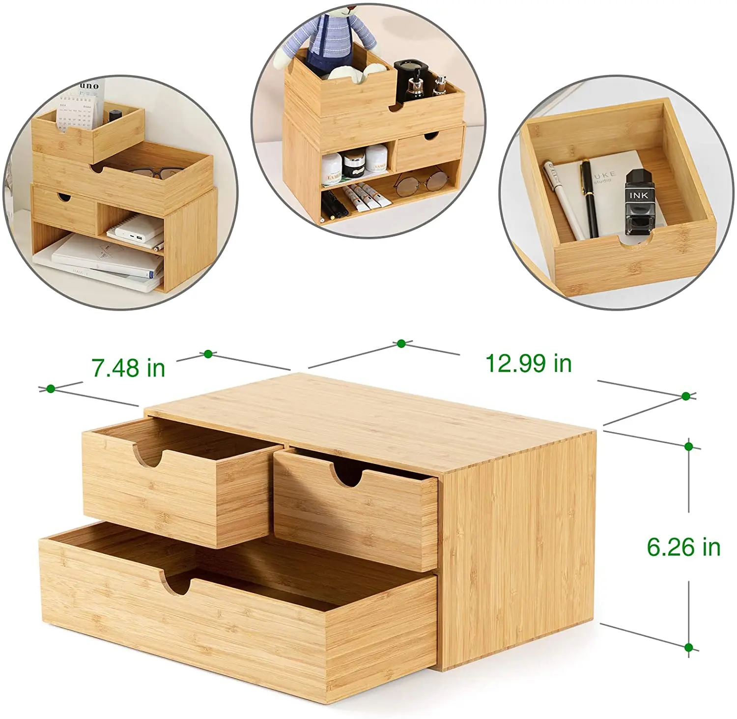 Bamboo Desk Organizer Mini Bamboo Desk Drawer Tabletop Storage Organization Box for Office Home Toiletries Supplies