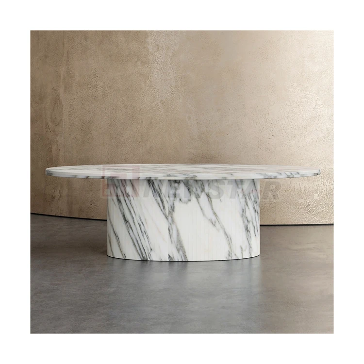 Newstar Stone Tan Travertine Upscale Home Decor Oval Stone Dining Table with Dual Conical Pedestal Base