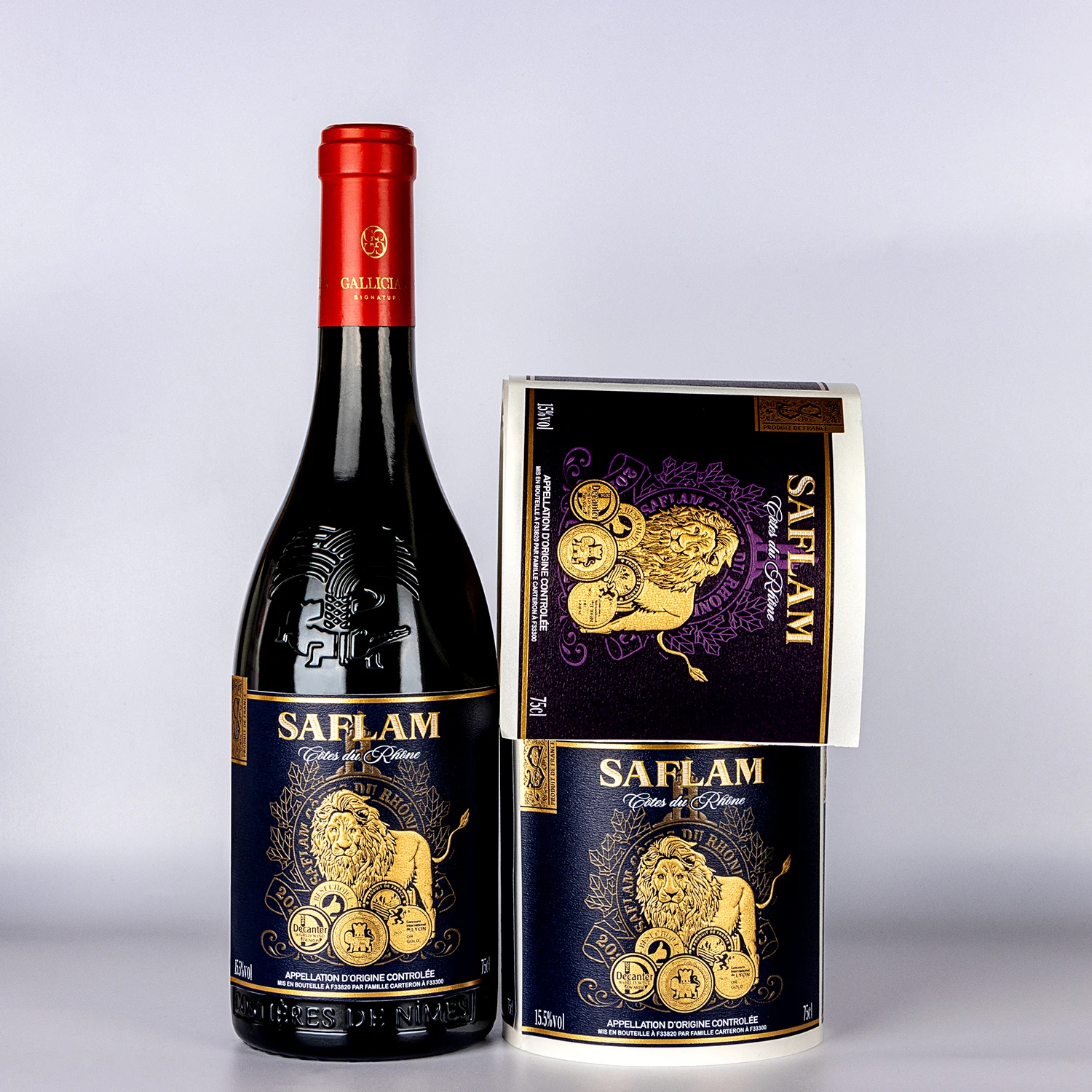 Custom High-Quality Textured Paper Labels with Gold Foil Embossing and UV Finish for Wine Bottle Packaging.