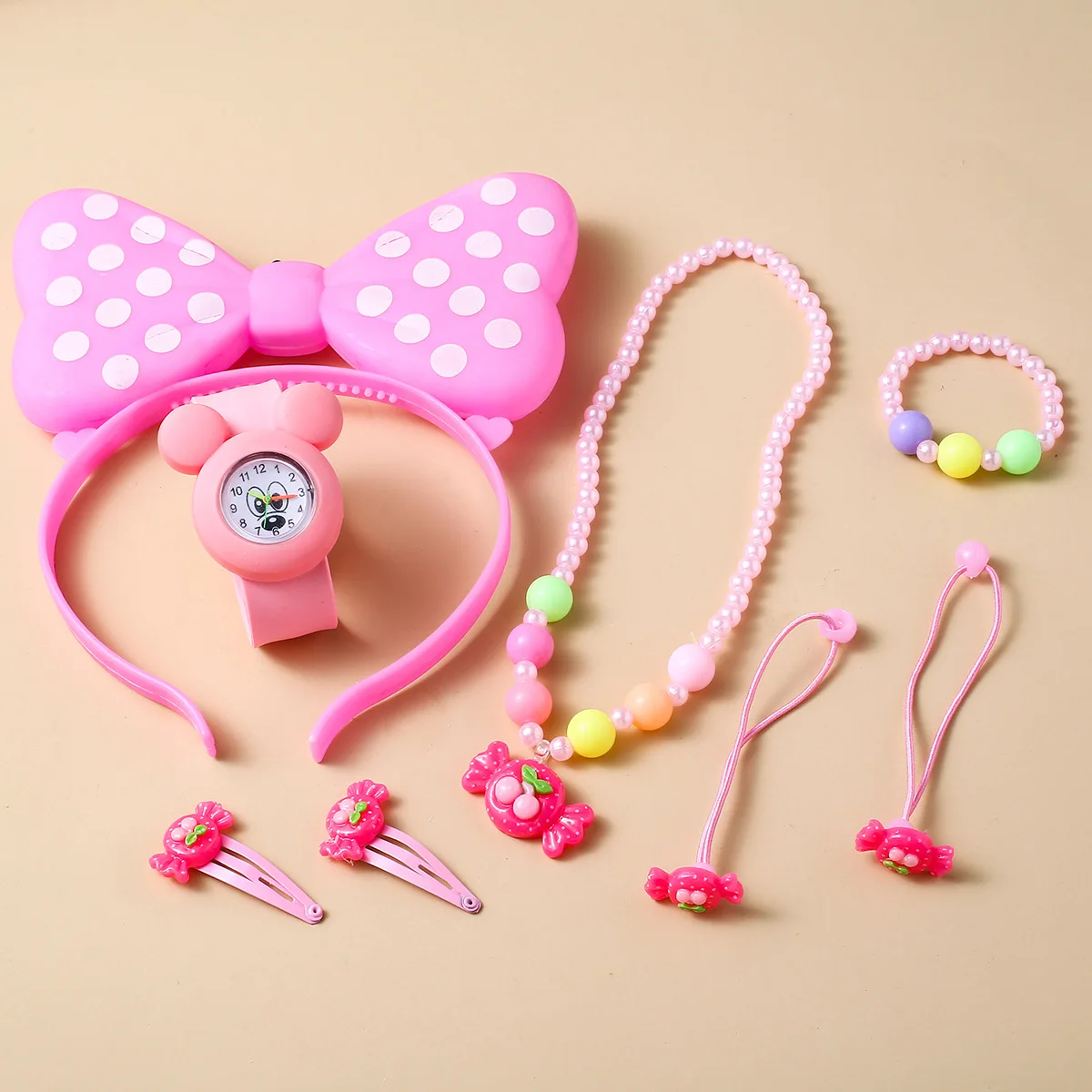 8pcs Wholesale Fashion Cartoon Cute Silicone Quartz Watches Children Kids Girls Necklace Bracelet Hair Accessories Watch Sets