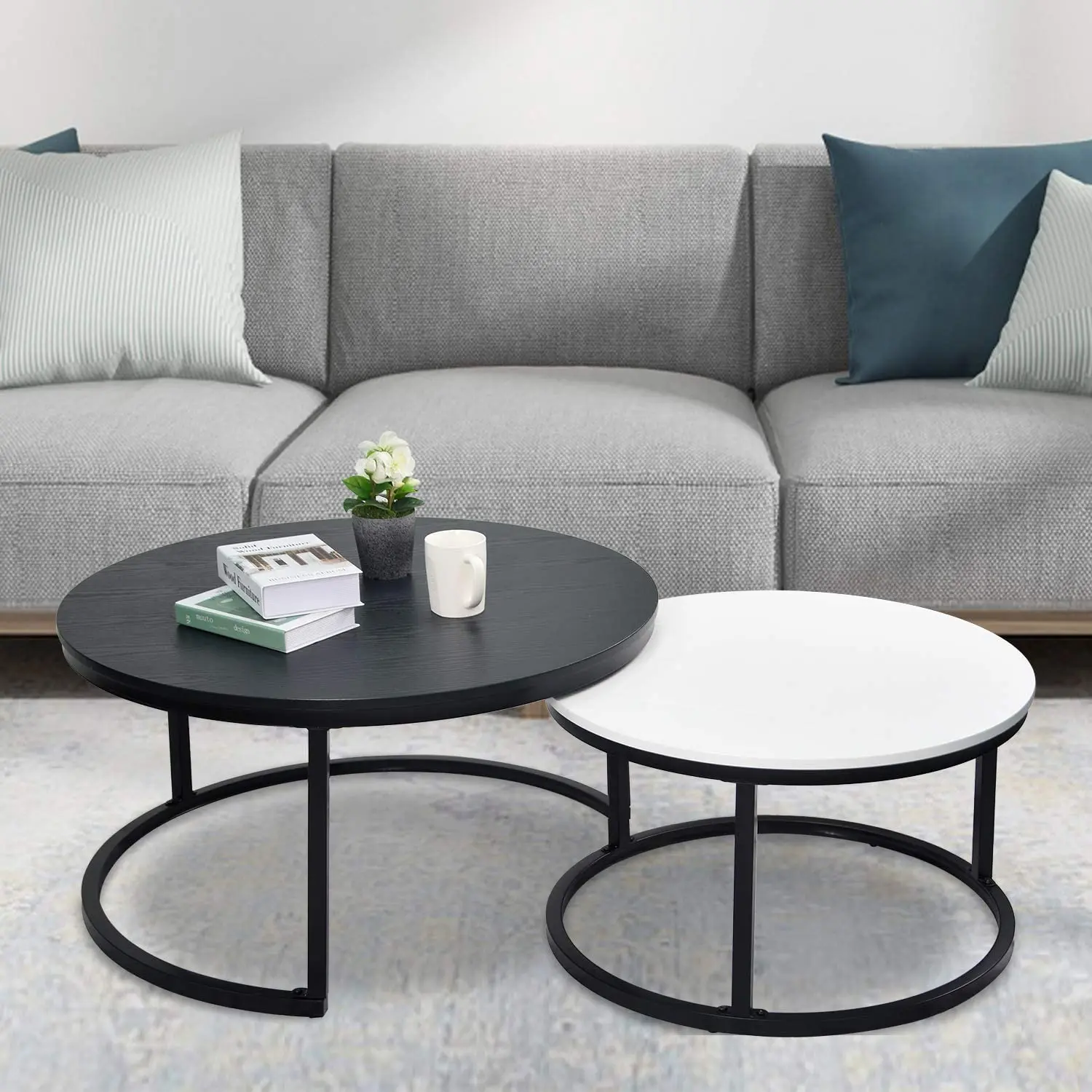 
Round Coffee Table Nesting Tables Set of 2 Modern Design Furniture Side End Table for Living Room Metal Frame Sofa 