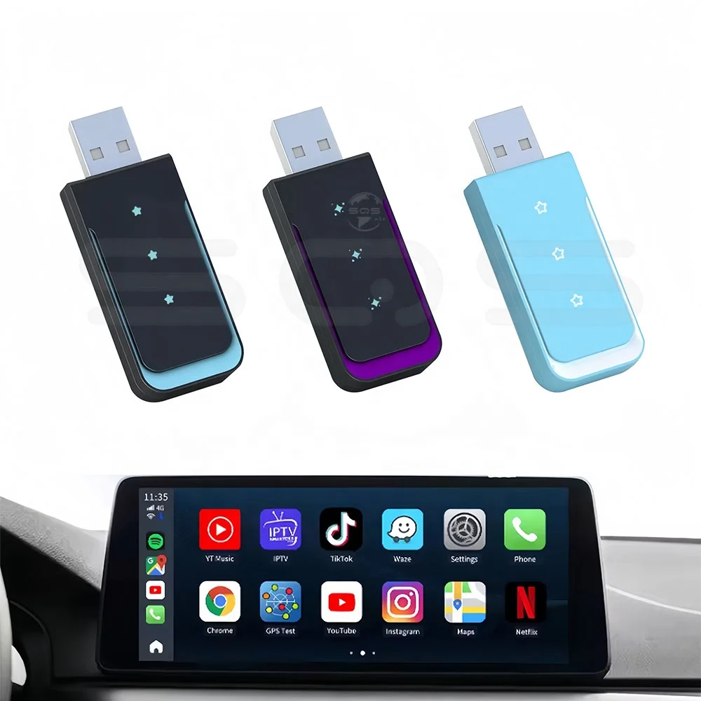 SQS High Quality Portable Multimedia USB Ai Smart Box LED light Wifi Mini Car Carplay Adapter Wireless Auto Play For Apple