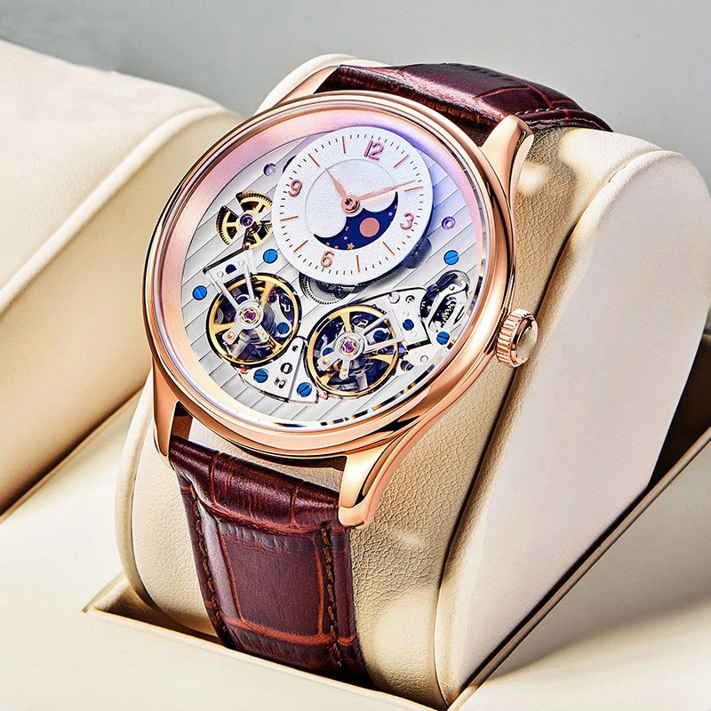 Luxury Central Double China Tourbillon Watch Automatic Movement Skeleton Custom Logo