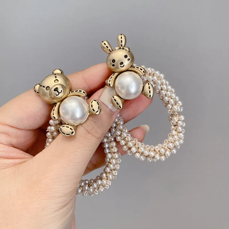 New Pearl Elastic Hair Bands Ties Women Girls Sweet Alloy Bear Rubber Headband Hair Ropes Fashion Hair Accessories Handmade Band