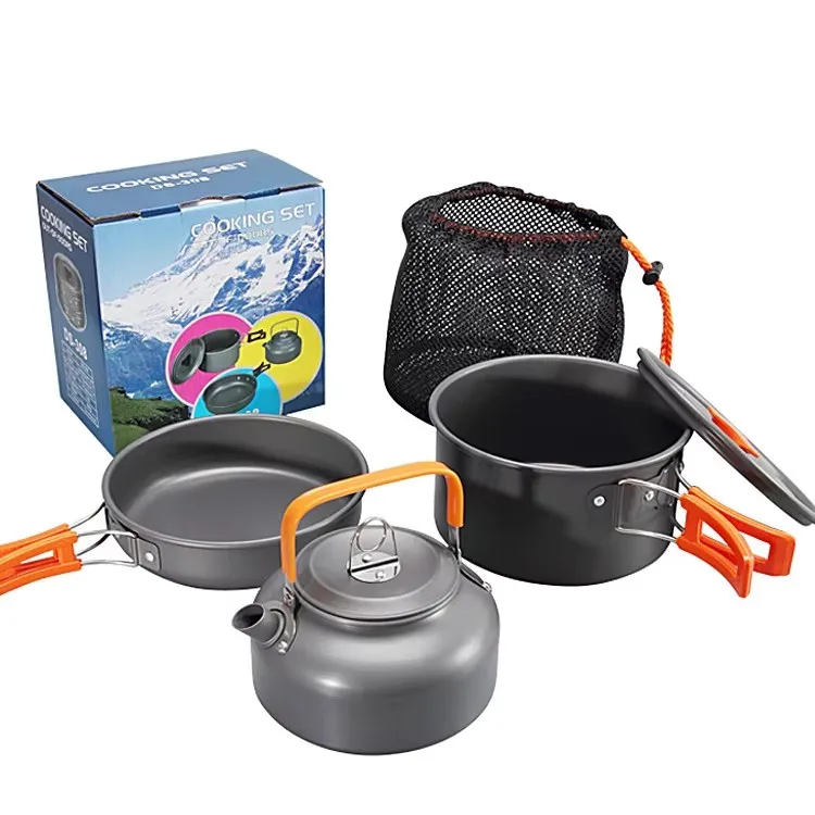 Factory Wholesale Multi-Color Outdoor Portable Cooking Pot Set Durable Ware Tea Pot and Pan Camping Cookware Sets
