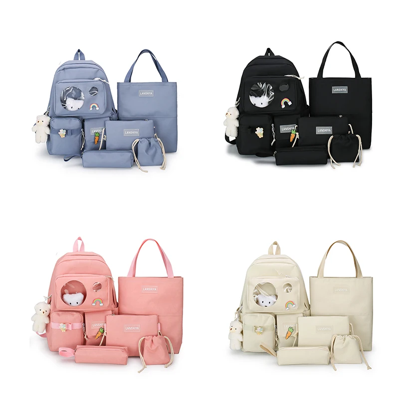 Custom logo canvas multiple pocket student tote kids college 5pcs Set side bags girls backpack for teenagers