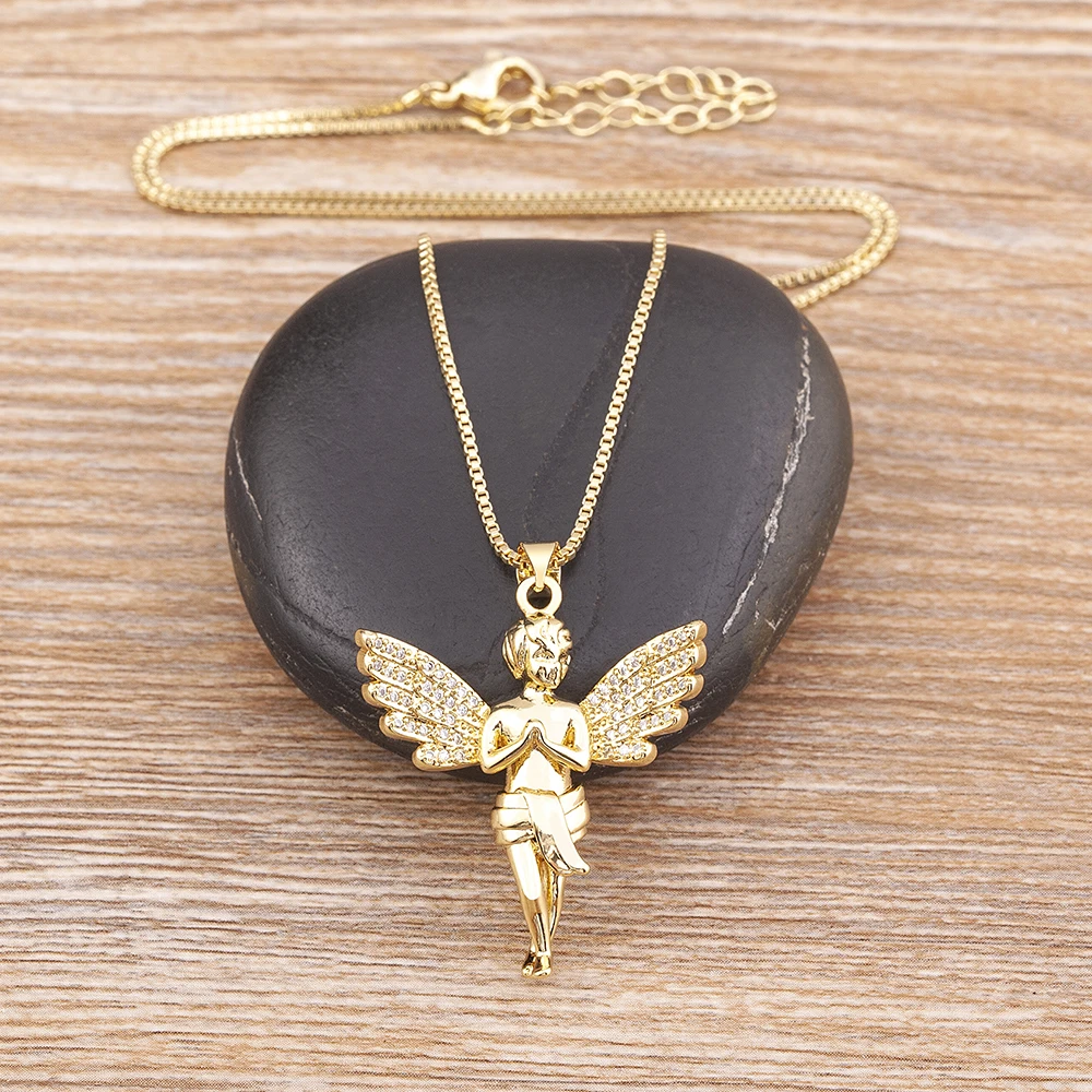 QIKU Romantic Angel Shape Gold Color Pendant Women Necklace Copper Zircon Religious Pray Jewelry Accessories Anniversary Gift