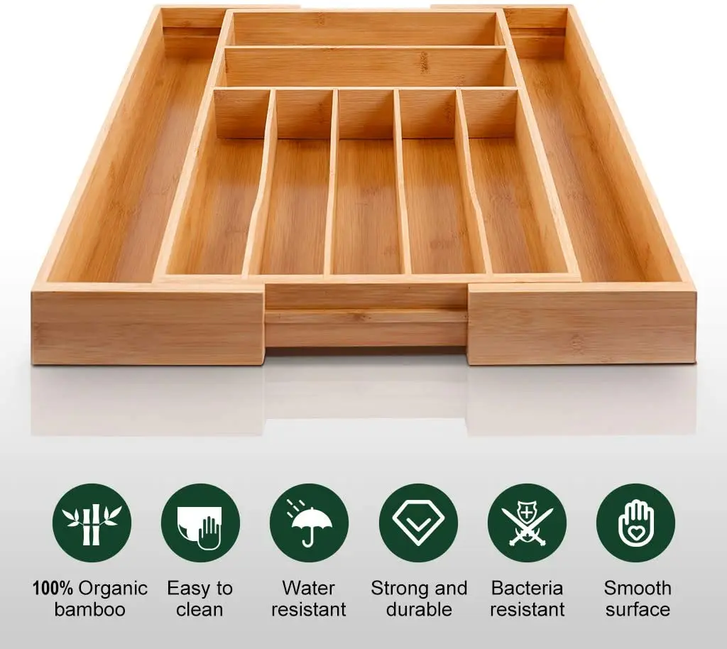 Hot sell  Bamboo Cutlery Tray  Utensil Silverware Flatware Drawer Organizer Dividers with 6 Compartment for Kitchen