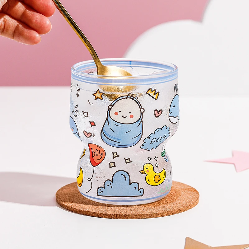 Glass mug gift box set clear borosilicate glass single wall drinking mug cute pattern cartoon mug