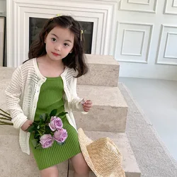 2023 Toddler Children Girl Summer Knit Hollow Beige Think Cardigan Sweater 2-8 Years