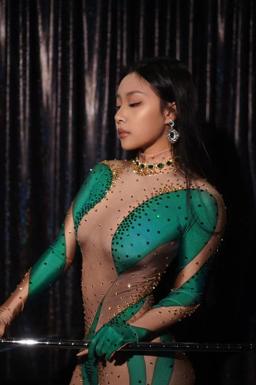 Shiny Diamonds Green Spandex Stretchy Club Rompers Sexy Women Wear Best Selling Products