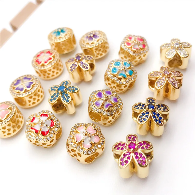 Zircon Petals Cherry Blossoms Loose Charm Beads Fit 14K Pand Designer Making Jewelry for DIY Accessories Bracelet