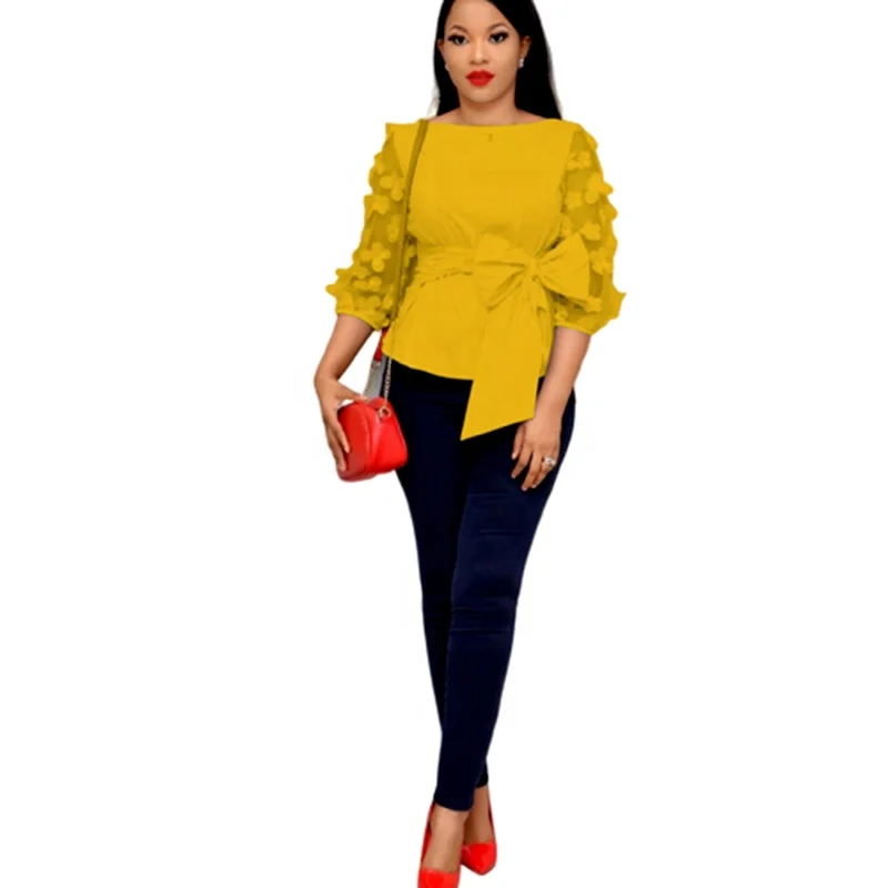 Plus Size Bow Tie Sheer Sleeve African Style Office Blouse Ladies