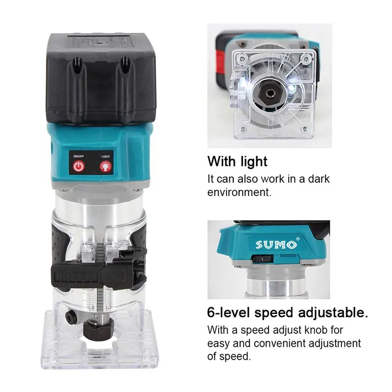 SUMO Hot Sell 21V 800W Lithium Brushless Cordless wood router hand tools Woodworking Battery Power Routers Cordless Router