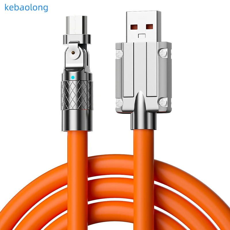 120W elbow super fast charging 6A zinc alloy data cable can rotate with light thick flash charger passenger charging cable