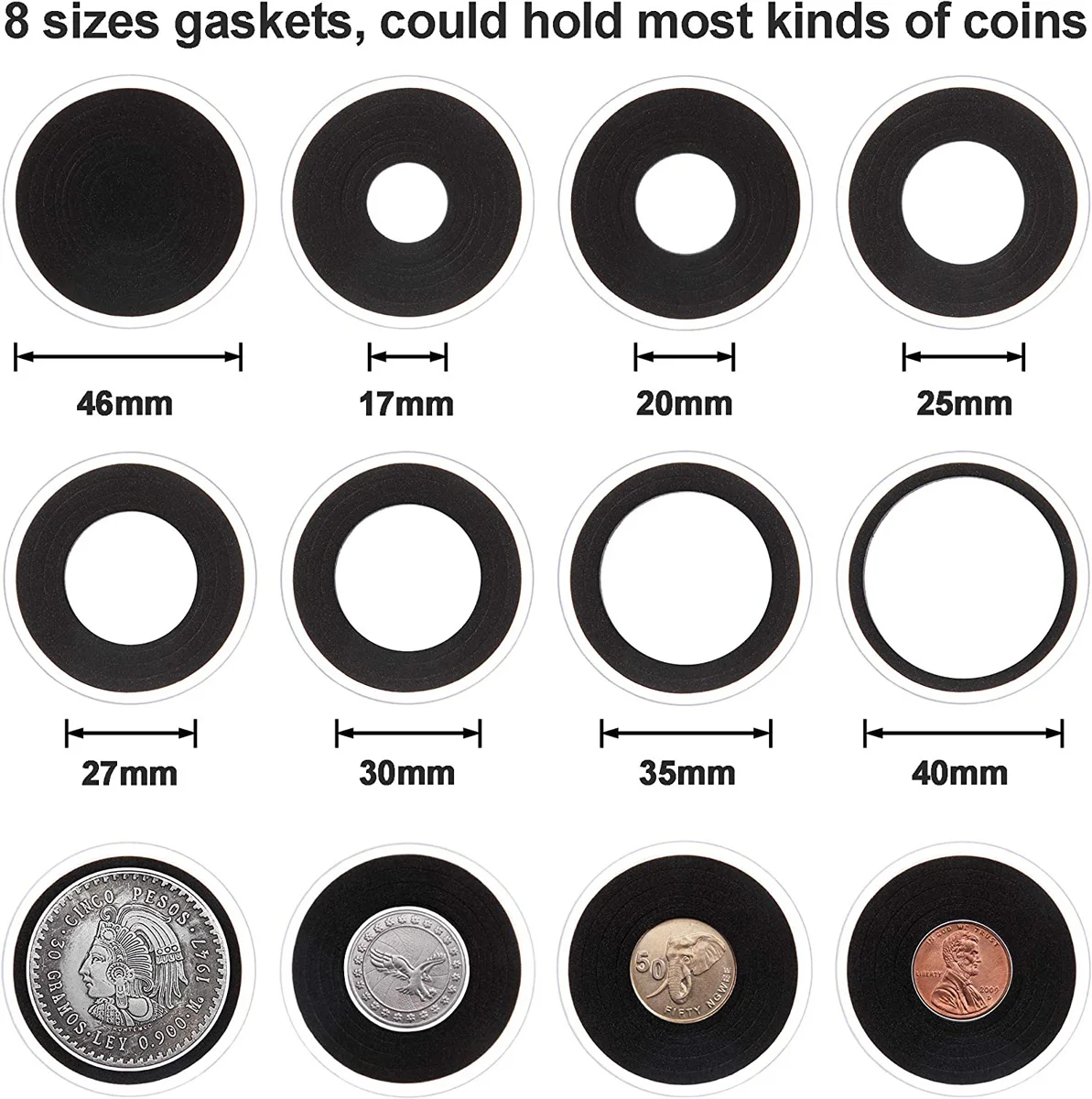 Acrylic Coin Holder 17/20/25/27/30/35/40/46mm Diameter Black Gaskets Coin Capsule Ultra Clear Rigid Plastic Coin Display Case