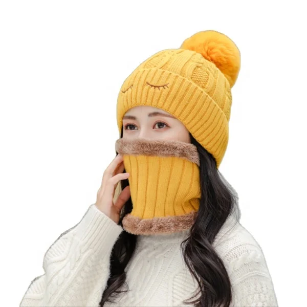 Wholesale 2020 Thick fleece Knit Winter Warm Fashion Acrylic Hat Women Pom Poms Beanie Scarf Sets