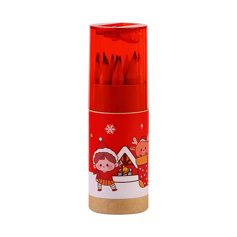 Tube colored pencil set cartoon Christmas 12 color lead primary school drawing pencil Christmas gift