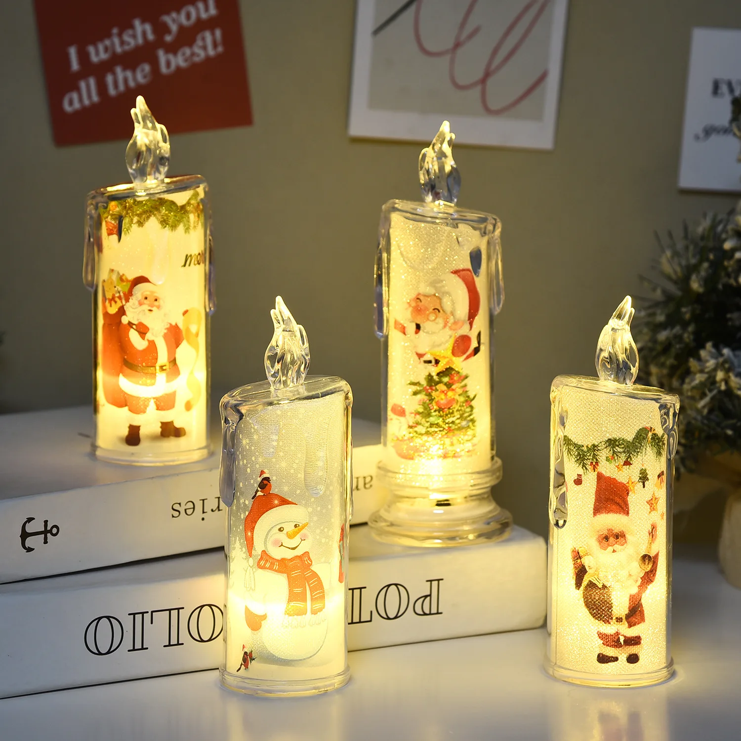 Christmas LED Candle Lamp Simulated Atmosphere with Built-In Print Electronic Holiday Decorations Made of Plastic