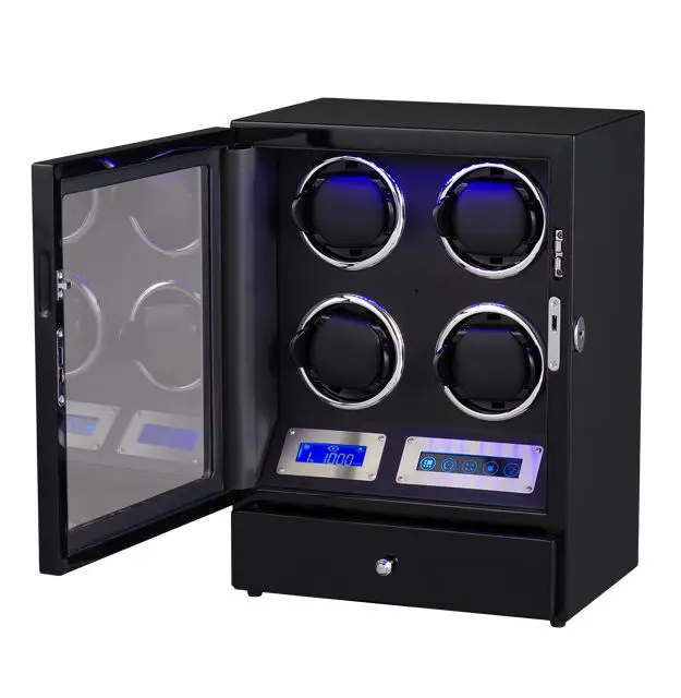 Luxury High quality  molle Automatic watch winder safe wood leather watch winder box  4 slots with touch screen LED drawer